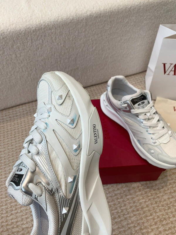 Valentino Sneaker 50mm In White Mix Grey Blue Mesh Fabric And Cowhide 814274