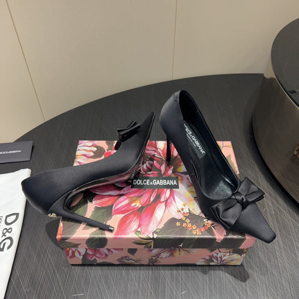 DC 25 Toe Bow High Heel Shoes 100mm Black Silk And Sheepskin 381609