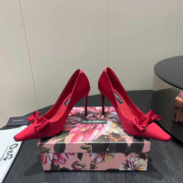 DC 25 Toe Bow High Heel Shoes 100mm Red Silk And Sheepskin 381610