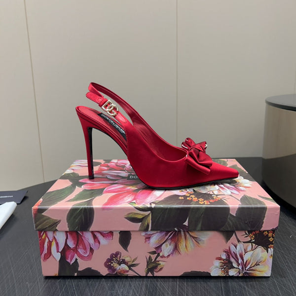 DC 25 Toe Bow High Heel Shoes 100mm Red Silk And Sheepskin 381613
