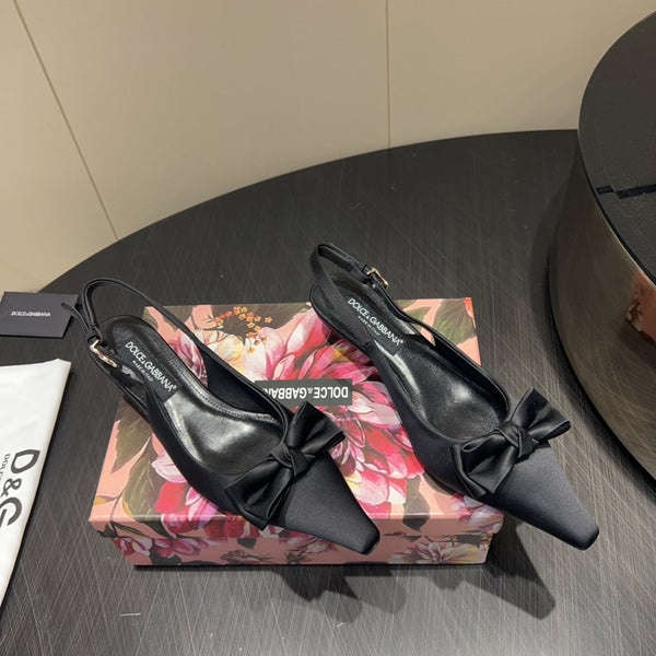 DC 25 Bow Slingback Pumps Black Silk And Sheepskin 381616