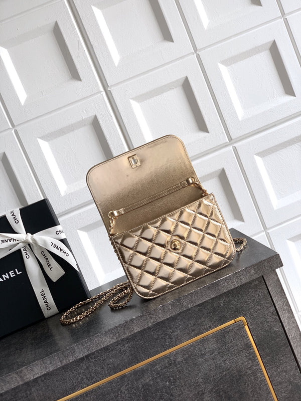 CC Mini Flap Bag 17.5 With Handle Gold Metalic Lambskin
