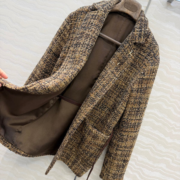 LP 26s Belted Tweed Blazer Coat Brown Wool Blend 429462