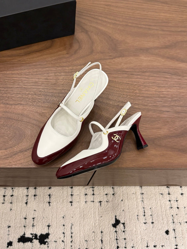 CC 26FW Slingback 7.5cm Chocolate White Lambskin Patent Leather 676117