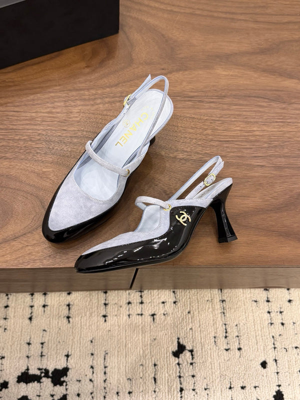 CC 26FW Slingback 7.5cm Grey Black Suede Patent Leather 676121