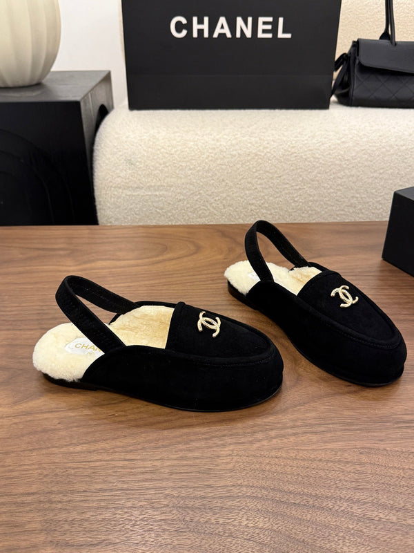 CC 26s Slingback Loafers Black Cream Suede Shearling 122677