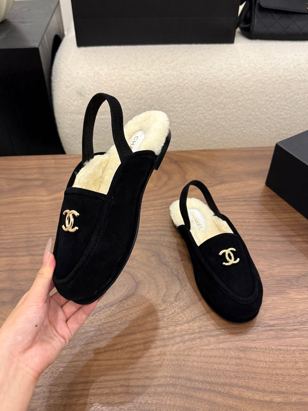 CC 26s Slingback Loafers Black Cream Suede Shearling 122677