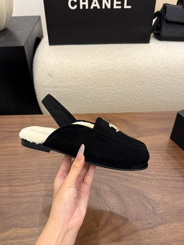CC 26s Slingback Loafers Black Cream Suede Shearling 122677