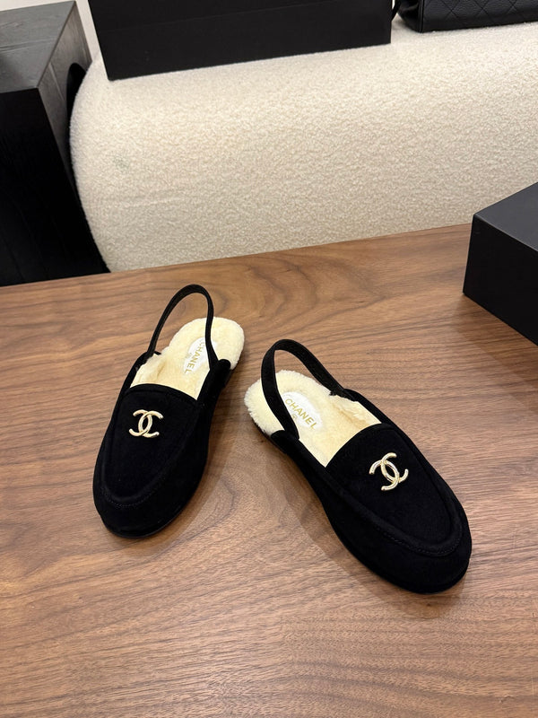 CC 26s Slingback Loafers Black Cream Suede Shearling 122677