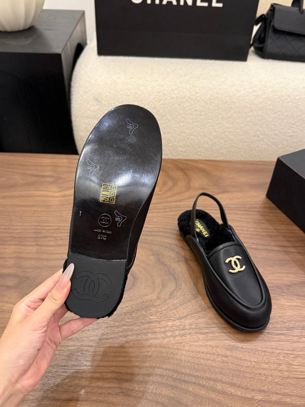 CC 26s Slingback Loafers Black Leather Shearling 122678