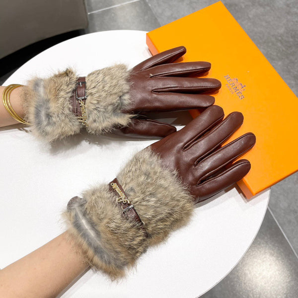 TOUCHSCREEN GLOVES IN CHESTNUT BROWN LAMBSKIN MIX FOX FUR 103797