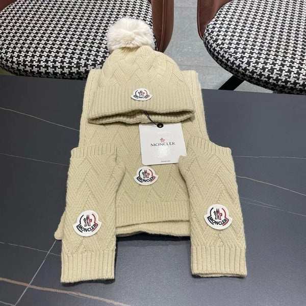 Moncler 26S Cable-Knit Pompom Beanie Scarf & Fingerless Gloves Set 506083