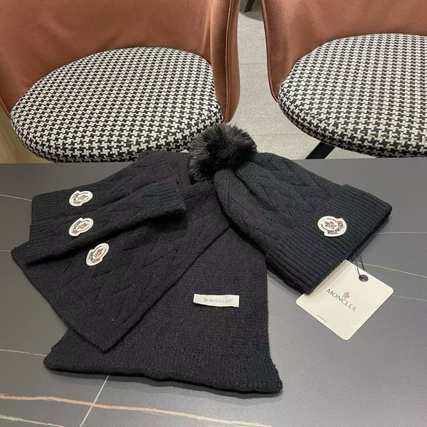 Moncler 26S Cable-Knit Pompom Beanie Scarf & Fingerless Gloves Set 506083