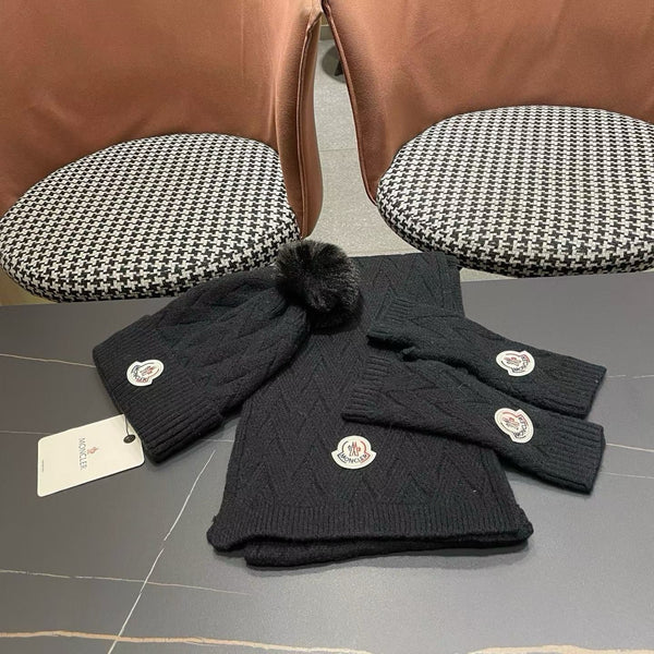 Moncler 26S Cable-Knit Pompom Beanie Scarf & Fingerless Gloves Set 506083