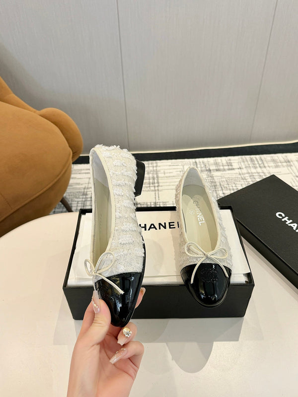 cc 25c ballet flat white tweed black grosgrain 233625