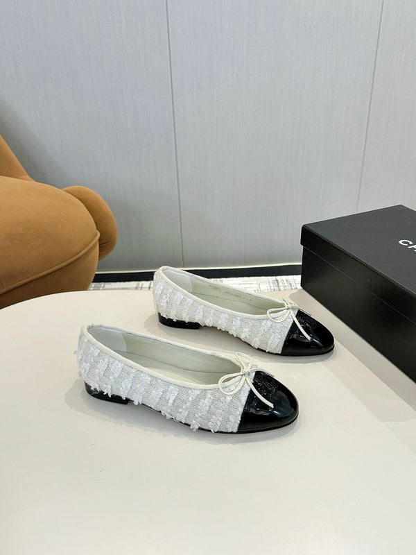 cc 25c ballet flat white tweed black grosgrain 233625