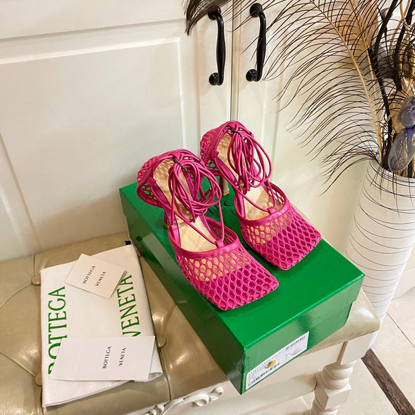 BV 26s Stretch Lace-Up Sandal 9cm Bright Pink Metallized Mesh Leather