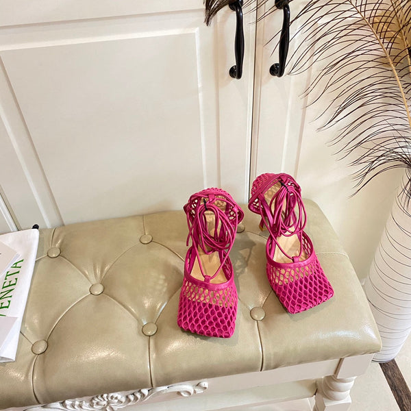 BV 26s Stretch Lace-Up Sandal 9cm Bright Pink Metallized Mesh Leather