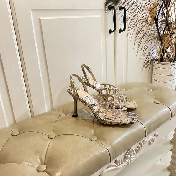 Jimmy Choo Saila Sandals 9cm Beige Sheepskin/Snake-Print Leather 688239