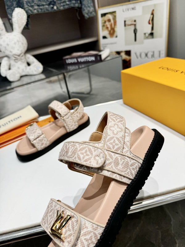 LV Sunset Flat Comfort Sandal Beige Monogram Jacquard Calfskin Cotton 626705