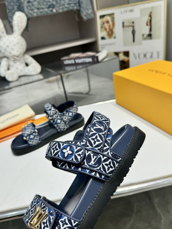 LV Sunset Flat Comfort Sandal Navy Blue Monogram Jacquard Calfskin Cotton 626706
