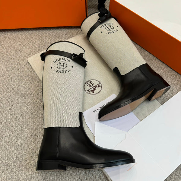 HM Jumping Boot In White Mix Black Calfskin And Burlap 973841