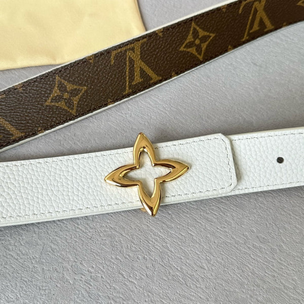 LV MINI FLOWERGRAM 30MM REVERSIBLE BELT IN WHITE CALFSKIN GOLD HARDWARE