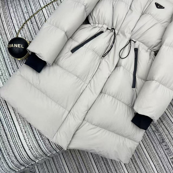 Prada 2025 Drawstring Waist Hooded Jacket Ivory Down Polyester