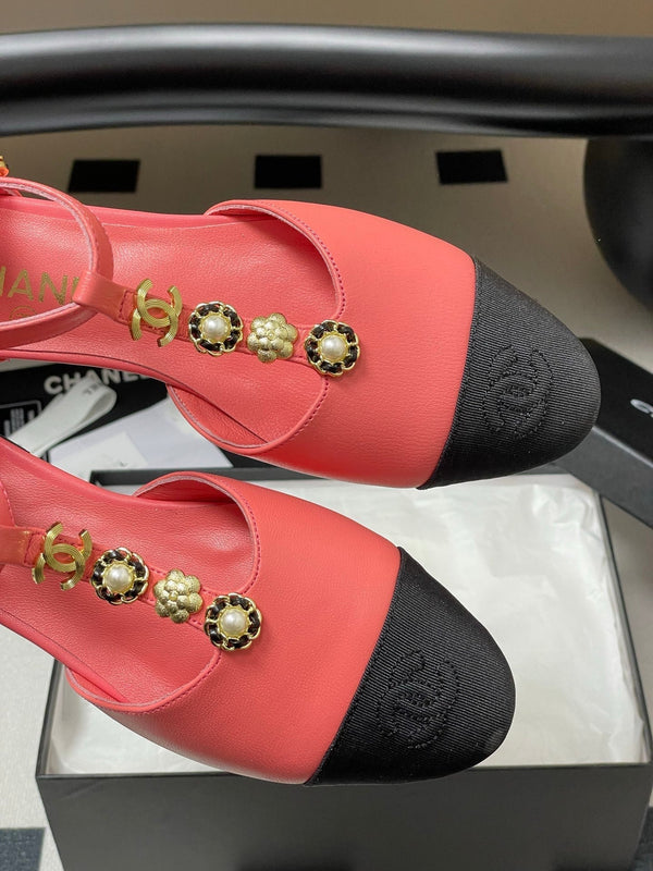 CC 25S Jewelry Double C Buckle T-Strap Mary Jane Hot Pink Lambskin Black Grosgrain 247711