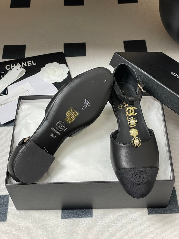 CC 25S Jewelry Double C Buckle T-Strap Mary Jane Black Lambskin Grosgrain 247713