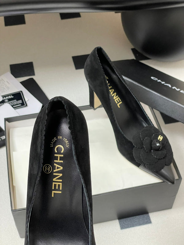 CC 25C Classic Camellia Pointed High Heels Pump 85mm Black Suede 247617