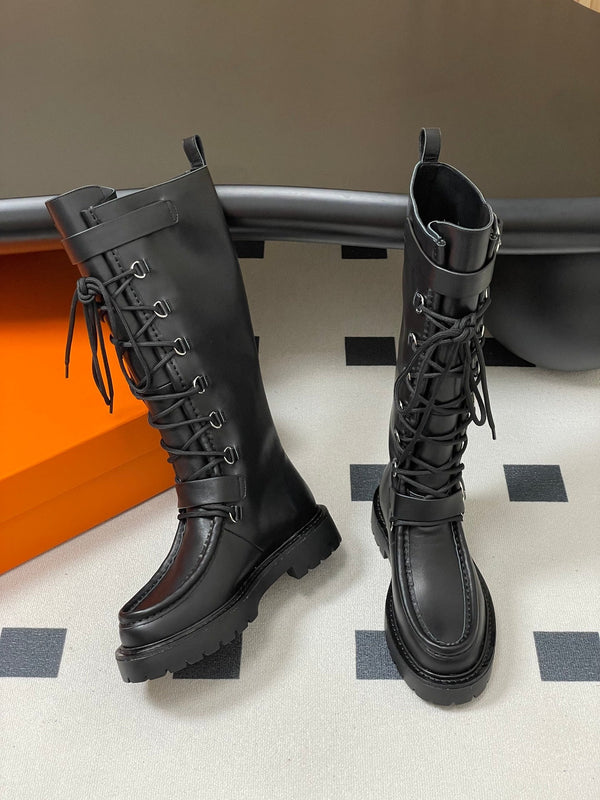 HM Lace Up Boots 25mm Belt Buckle Black Leather
