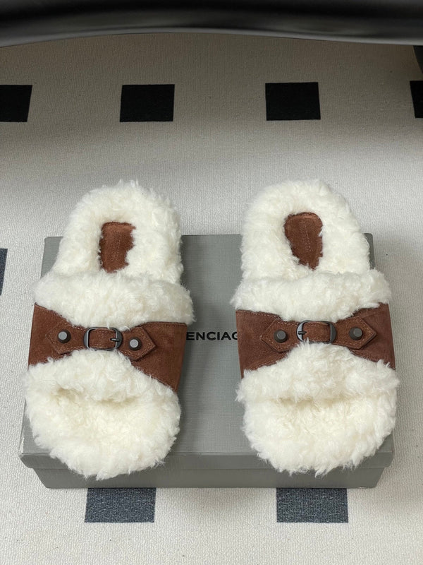 Balenciaga Classic Buckle Slippers White Red Brown Wool 535028