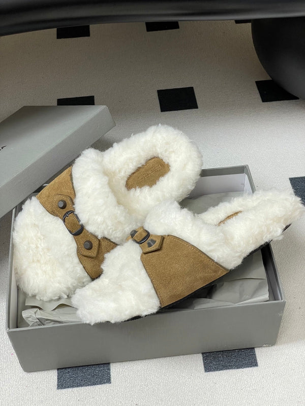 Balenciaga Classic Buckle Slippers White Brown Wool 535029