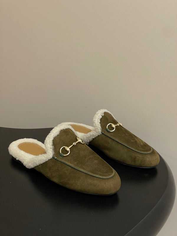 GG horsebit flat mules olive green suede and wool 534707