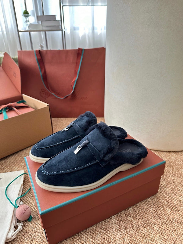 Loro Piana Charms Walk Flat Mules Deep Blue Suede Fur 623535