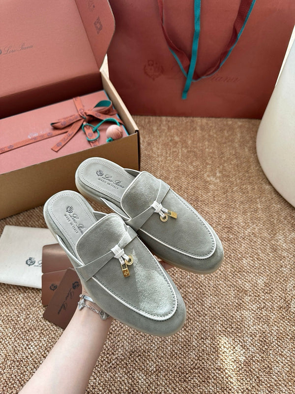 Loro Piana Charms Walk Flat Mules Targan Green Suede 623545