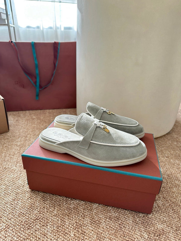 Loro Piana Charms Walk Flat Mules Targan Green Suede 623545