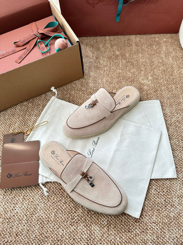 Loro Piana Charms Walk Flat Mules Pale PInk Suede 623548