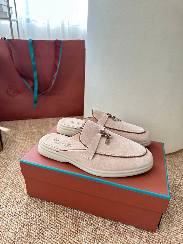 Loro Piana Charms Walk Flat Mules Pale PInk Suede 623548