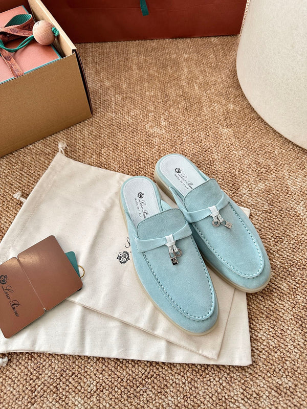 Loro Piana Charms Walk Flat Mules Pale Blue Suede 623551