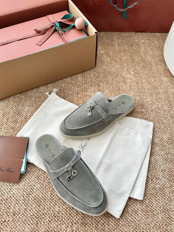 Loro Piana Charms Walk Flat Mules Gray-Green Suede 623552