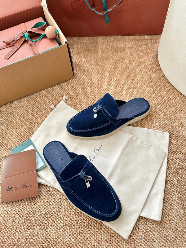 Loro Piana Charms Walk Flat Mules Dark blue Suede 623553