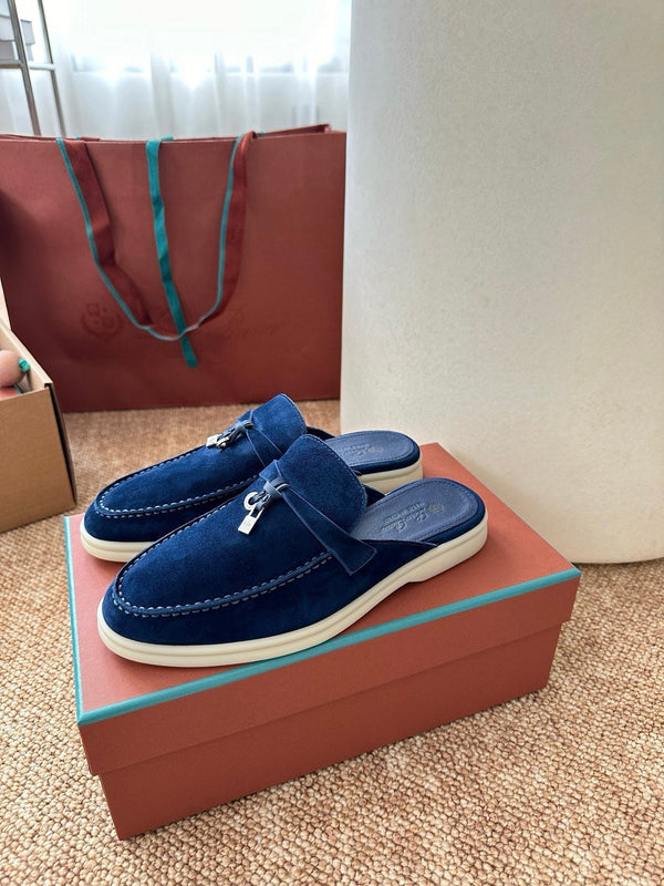 Loro Piana Charms Walk Flat Mules Dark blue Suede 623553