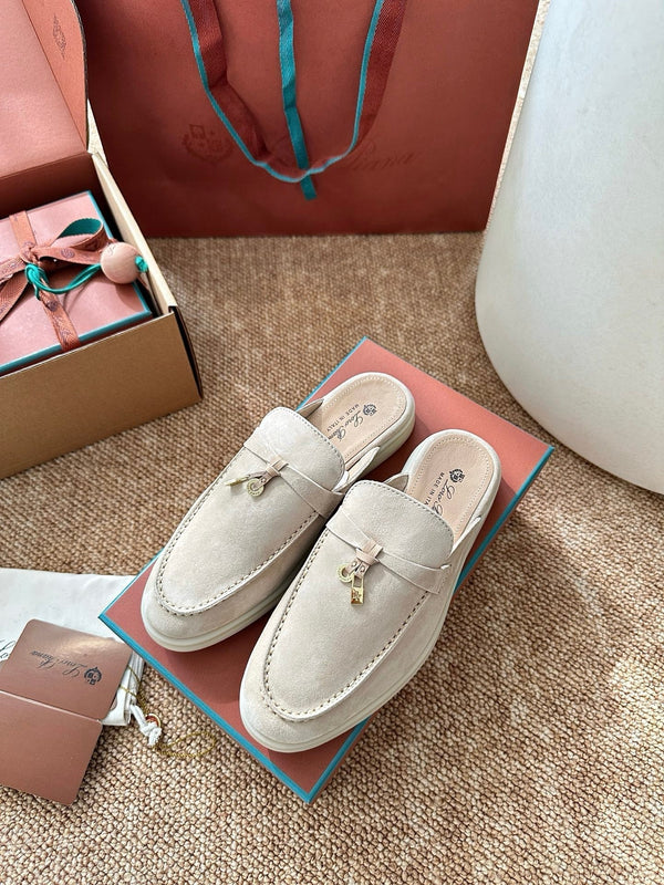 Loro Piana Charms Walk Flat Mules Apricot Suede 623556