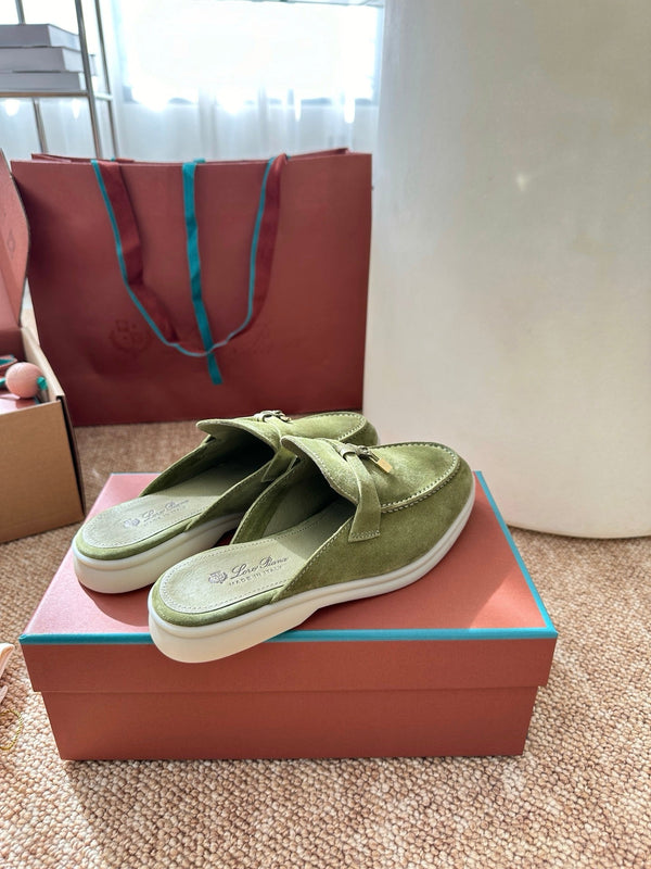 Loro Piana Charms Walk Flat Mules Olive Green Suede 623441