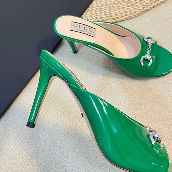 GG Women's Horsebit mid-heel slide sandal in glossy Jade Green