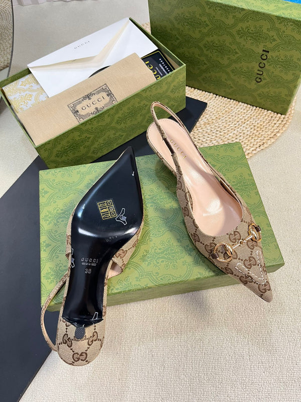 GC Horsebit Slingback Pump 50mm Beige mix Brown Canvas Sheepskin 294560