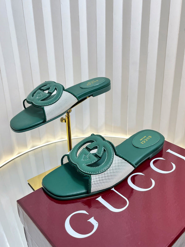 GC 25 Interlocking G Slide Sandal Emerald Green Canvas Cowhide 294643