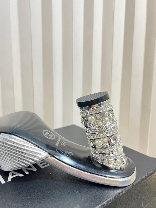 CC 26P Mule Sandals 8cm Sliver Leather 767856